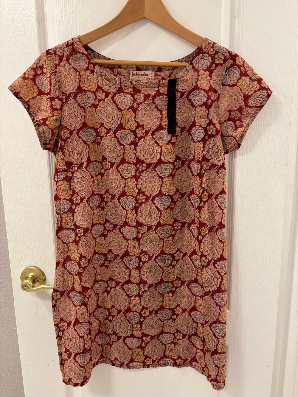 Fabindia Maroon Floral Short-Sleeve Cotton Kurta Dress Lightweight